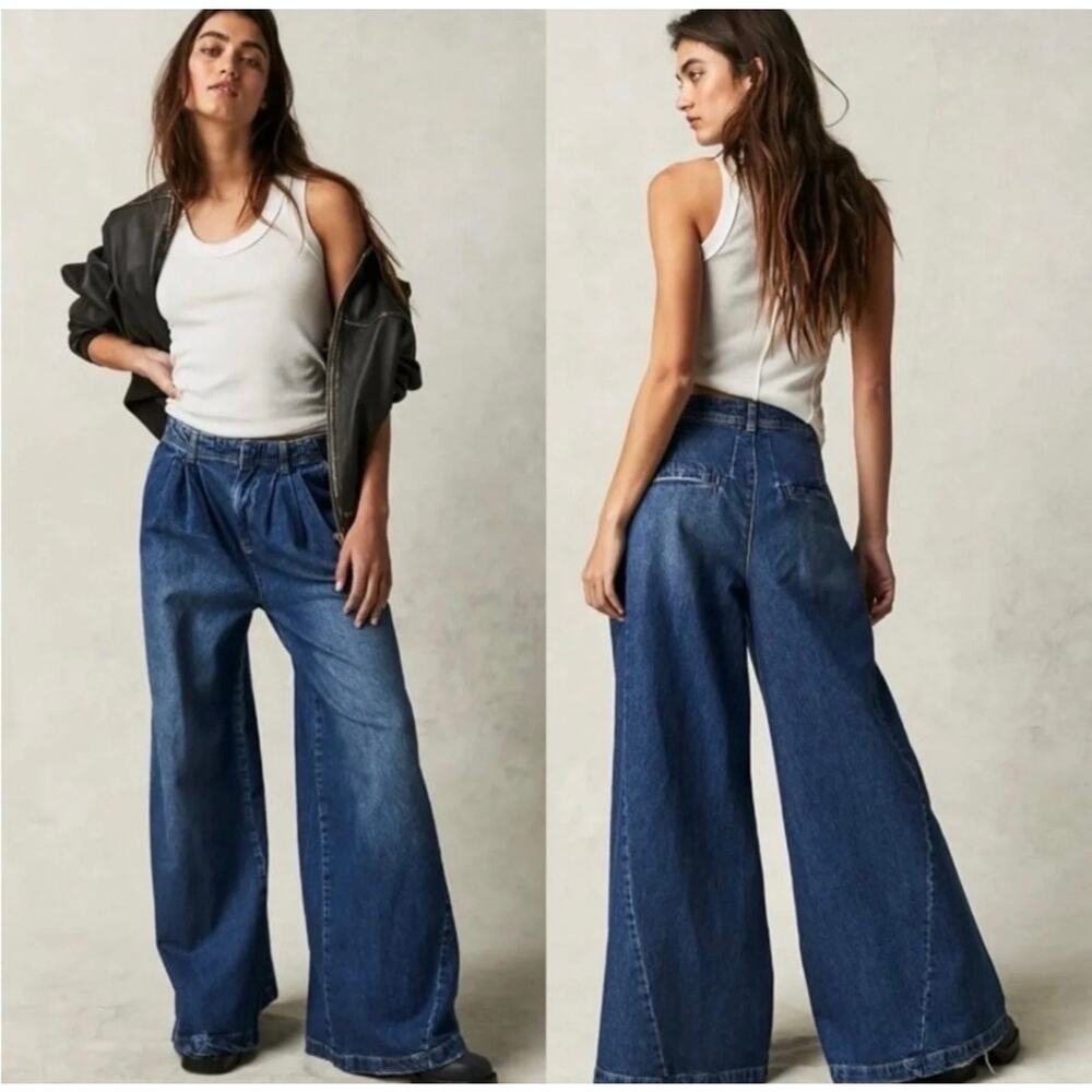 Free People Equinox Denim Trousers Size 28 Wide Leg Jeans Blue Slouchy Pleated - Picture 2 of 16